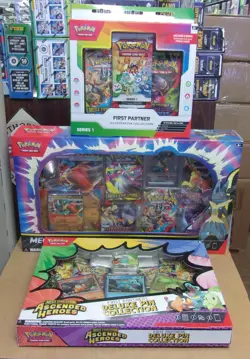 POKEMON ASCENDED PIN + FIRST PARTNER ILLUSTRATION + MEGA LUCARIO EX BOX LOT - Image 1