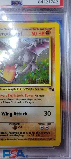 1999 Pokemon Fossil Aerodactyl Holo Prerelease Cosmos PSA 7 - Image 2