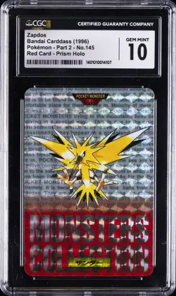 1996 BANDAI CARDDASS POKEMON - PART 2 RED CARD #145 ZAPDOS CGC 10 GEM MINT - Image 1
