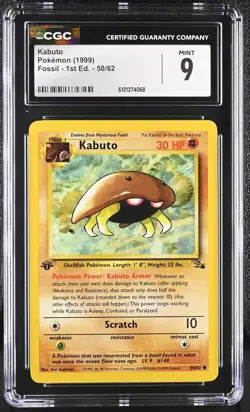 CGC 9 MINT Kabuto 1999 Fossil 1st Edition 50/62 Pokemon Card - Image 1