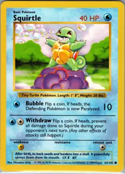 Squirtle 63/102 Base Set (Shadowless) - Pokemon Card - NM - Image 1