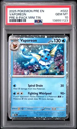 Pokemon Prismatic Evolutions Vaporeon 022/131 8 Pack Mini Tin Promo Cosmo PSA 10 - Image 1