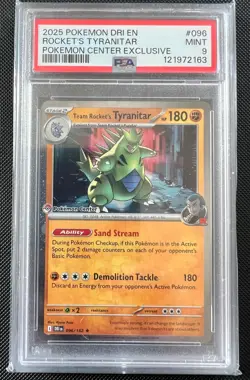 Pokemon Tyranitar Destined Rivals 096/182 Pokemon Center Stamp Cosmos Holo PSA 9 - Image 1