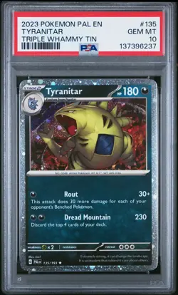 2023 POKEMON PAL EN-PALDEA EVOLVED TRIPLE WHAMMY TIN #135 TYRANITAR PSA 10 - Image 1