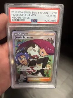 PSA 10 Team Rocket 2019 Pokemon Sun & Moon #68 Jessie James Meowth Hidden Fates - Image 1