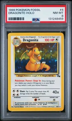 1999 Pokemon Fossil Dragonite Holo #4 PSA 8 Near Mint - Image 1