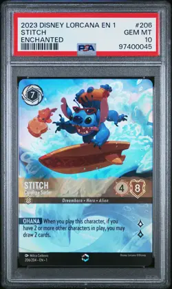 2023 DISNEY LORCANA EN 1-THE FIRST CHAPTER #206 STITCH - CAREFREE SURFER PSA 10 - Image 1