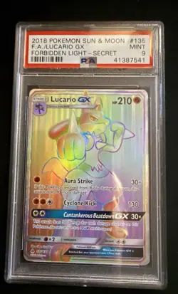 Pokemon TCG 2018 Forbidden Light Lucario GX Secret Rare Holo PSA 9 #135/131 - Image 1