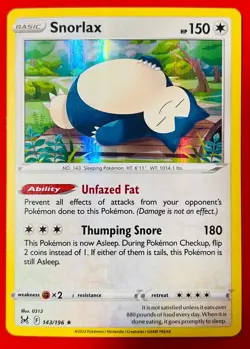 1x Snorlax 143/196 Pokemon TCG Lost Origin NM Holo Rare Unfazed Fat Colorless - Image 1