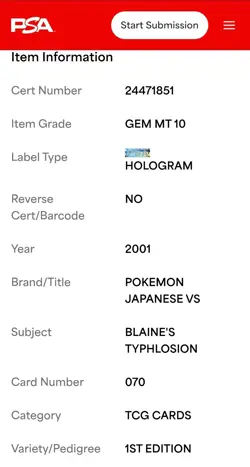 Blaine's Typhlosion #70 Pokemon 2001 Jpn. VS Series 1st Edition PSA 10 - Image 5