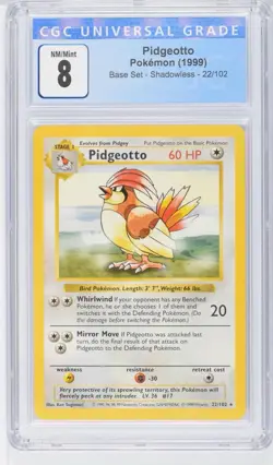 CGC 8 Pidgeotto Shadowless Base Set Pokemon 1999 22/102 Blue Label - Image 1