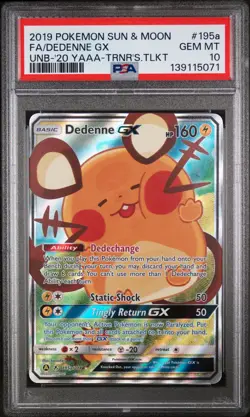 2019 POKEMON SUN & MOON UNBROKEN BONDS #195A FULL ART/DEDENNE GX PSA 10 - Image 1