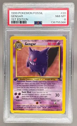 1999 Pokemon Fossil 1st Edition 20 Gengar PSA 8 138755366 - Image 1