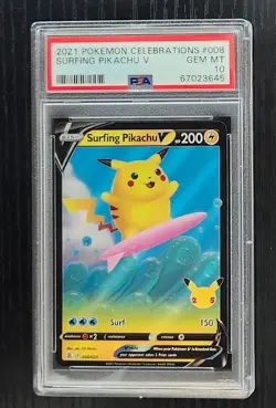 2021 POKEMON CELEBRATIONS Card # 008 SURFING PIKACHU V PSA 10 Gem Mint - Image 1