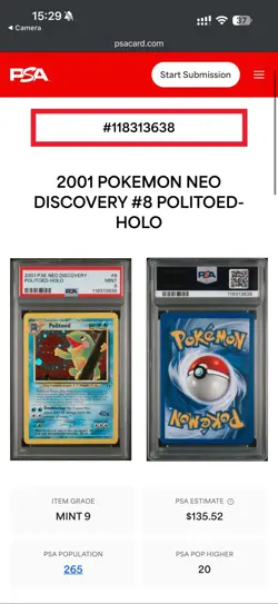 POKEMON TCG 2001 POLITOED-HOLO NEO DISCOVERY #8 PSA 9 CARD SLAB MINT - Image 3