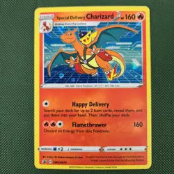 HEAVY BLEED DAMAGED Special Delivery Charizard SWSH075 Holo Promo Pokemon Card - Image 1