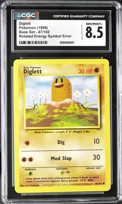 CGC 8.5 Diglett Sideways Energy ERROR 1999 Base 47/102 Pokemon Card NM/MINT psa - Image 1