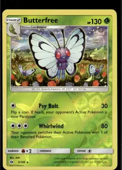 Pokemon Butterfree 3/149 Sun Moon Base Set Reverse Holo Rare 2 Card Lot - Image 1