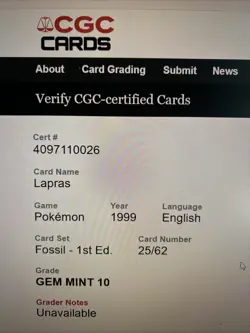 CGC 10 GEM MINT Lapras 1999 Fossil 1st Edition 25/62 Pokemon Card - Image 2