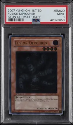 2007 YU-GI-OH! STON-STRIKE OF NEOS 1ST ED-ULTIMATE RARE FUSION DEVOURER PSA 9 - Image 1