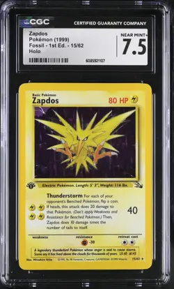 Pokemon Zapdos Holo #15 1st Edition Fossil Near Mint CGC 7.5 - Image 1