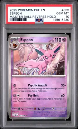 2025 POKEMON PRE EN-PRISMATIC EVOLUTIONS MASTER BALL REVERSE HOLO ESPEON PSA 10 - Image 1
