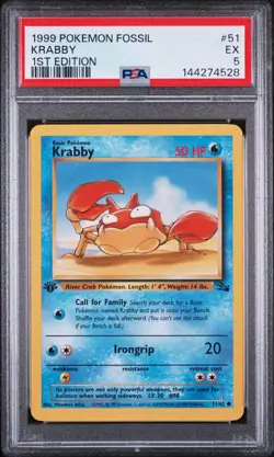 1999 POKEMON FOSSIL 1ST ED #51 KRABBY PSA 5 - Image 1