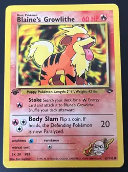 POKEMON GYM CHALLENGE FIRST EDITION BLAINE’S GROWLITHE COMMON CARD 62/132 - Image 1