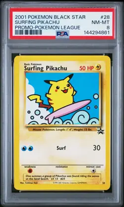 2001 POKEMON PROMO BLACK STAR POKEMON LEAGUE #28 SURFING PIKACHU PSA 8 - Image 1