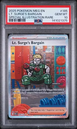 2025 Pokemon Mega Evolution #185/132 Lt. Surge's Bargain PSA 10 - Image 1