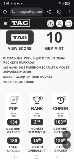 TAG 10 GEM MINT JAPANESE POKEMON 2025 Team Rocket's Murkrow 106/098 sv10 2025 - Image 3