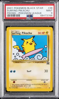 2001 POKEMON PROMO BLACK STAR POKEMON LEAGUE #28 SURFING PIKACHU PSA 9 - Image 1