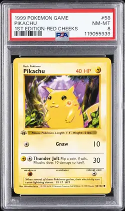 1999 POKEMON GAME 1ST ED-RED CHEEKS #58 PIKACHU PSA 8 - Image 1