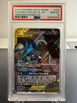 Pokemon TCG PSA 10 GEM MINT Lucario & Melmetal GX 203/214 Unbroken Bonds English - Image 1