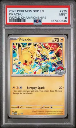 PIKACHU #225 2025 POKEMON SVP EN-SV WORLD CHAMPIONSHIPS BLACK STAR PROMO PSA 9 - Image 1