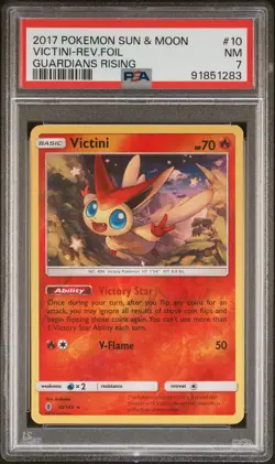 2017 POKEMON SUN & MOON GUARDIANS RISING #10 VICTINI-REVERSE FOIL PSA 7 - Image 1