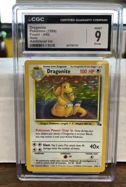 Dragonite 4/62 Fossil Holo Rare CGC 9 Mint Vintage Pokemon Card 1999 - Image 1