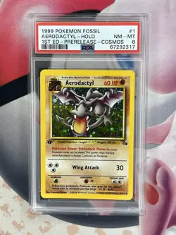 Pokemon TCG Aerodactyl Fossil 1st Edition Holo Prerelease Rare PSA 8 - Image 1