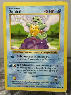 Pokemon 1999 base set Shadowless Squirtle #63 MP/LP - Image 1