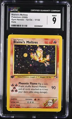 CGC 9 MINT Blaine's Moltres Gym Heroes 1st Edition 1/132 Holo Pokemon Card - Image 1
