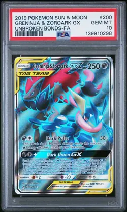 PSA 10 GEM MINT Greninja & Zoroark GX Unbroken Bonds 2019 Pokemon 200/214 - Image 1