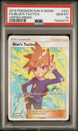 PSA 10 GEM MINT Blue's Tactics Unified Minds Full Art Holo 2019 Pokemon 231/236 - Image 1