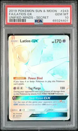 PSA 10 GEM MINT Latios GX Unified Minds Secret Full Art 2019 Pokemon 243/236 - Image 1