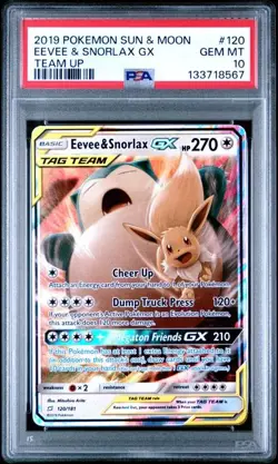 PSA 10 GEM MINT Eevee & Snorlax GX Team Up Full Art Holo 2019 Pokemon 120/181 - Image 1