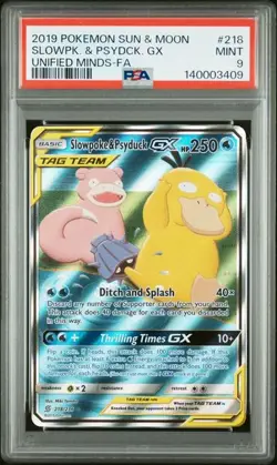 PSA 9 MINT Slowpoke & Psyduck GX Unified Minds Full Art Holo Pokemon 218/236 - Image 1