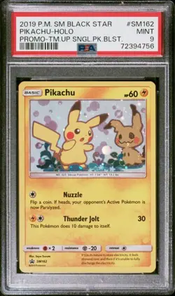PSA 9 GEM MINT Pikachu Holo Team Up Blister Promo 2019 Pokemon SM162 - Image 1