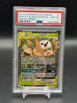 PSA 10 GEM MINT Rowlet & Alolan Exeggutor GX Unified Minds 2019 Pokemon 1/236 - Image 1