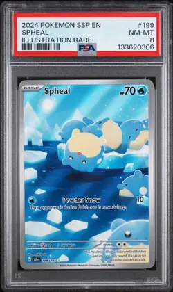 PSA 8 NM-MT Spheal Surging Sparks Illustration Rare 2024 Pokemon Holo 199/191 - Image 1