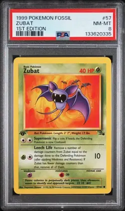 PSA 8 NM-MT Zubat Fossil 1st Edition Pokemon 1999 WOTC 57/62 - Image 1