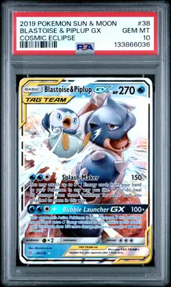 2019 POKEMON SUN & MOON COSMIC ECLIPSE #38 BLASTOISE & PIPLUP GX PSA 10 - Image 1